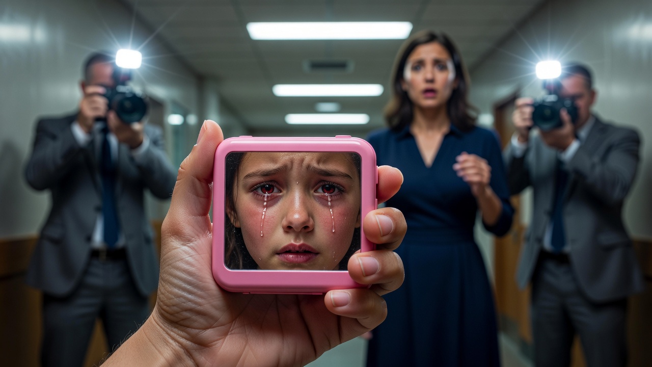 A close-up of a young girl's hands holding a small pink digital radio, her fingers trembling slightly. In the blurred background, a woman in a navy blue dress looks on in shock, while two photographers in gray suits snap pictures with flashing cameras. The girl's tear-streaked face is reflected in the radio's plastic surface. The lighting is harsh and fluorescent, typical of a courthouse, with a shallow depth of field focusing on the hands and the radio. The mood is tense and emotional, with a palette of cold blues and grays contrasted by the warm pink of the radio.