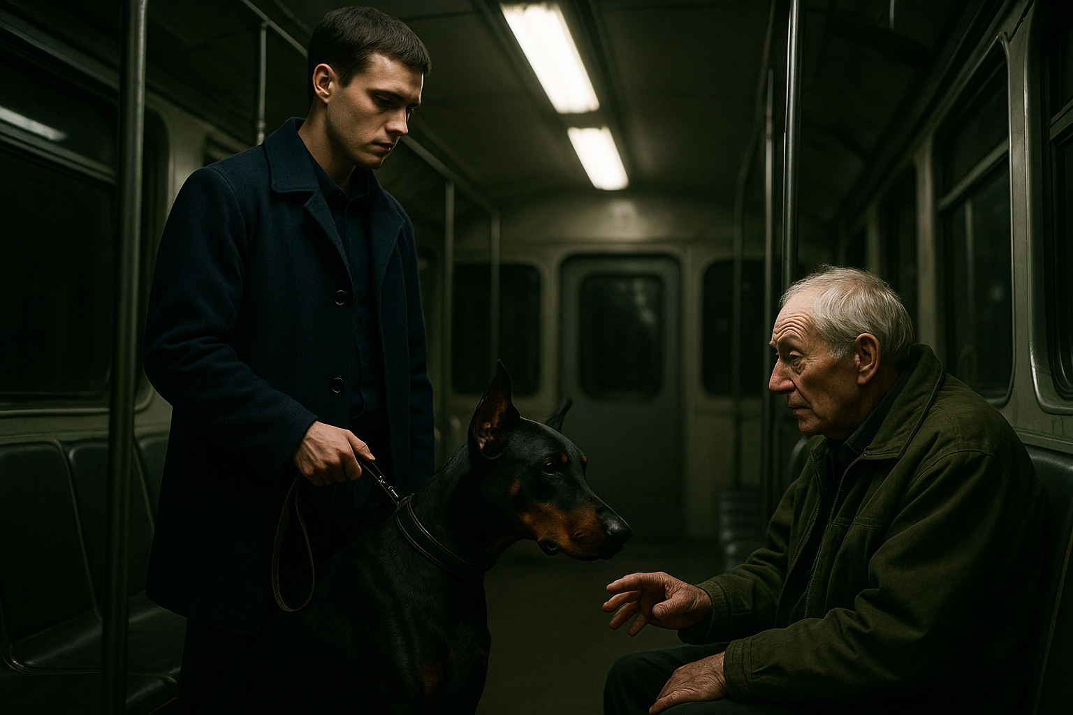 A dimly lit subway car interior bathed in harsh white fluorescent light, a young man in a dark blue coat stands holding a black Doberman on a leather leash, an elderly man in a green jacket seated nearby reaches out a trembling hand toward the dog, the composition tense and cinematic, muted colours with stark contrasts, mood of quiet confrontation