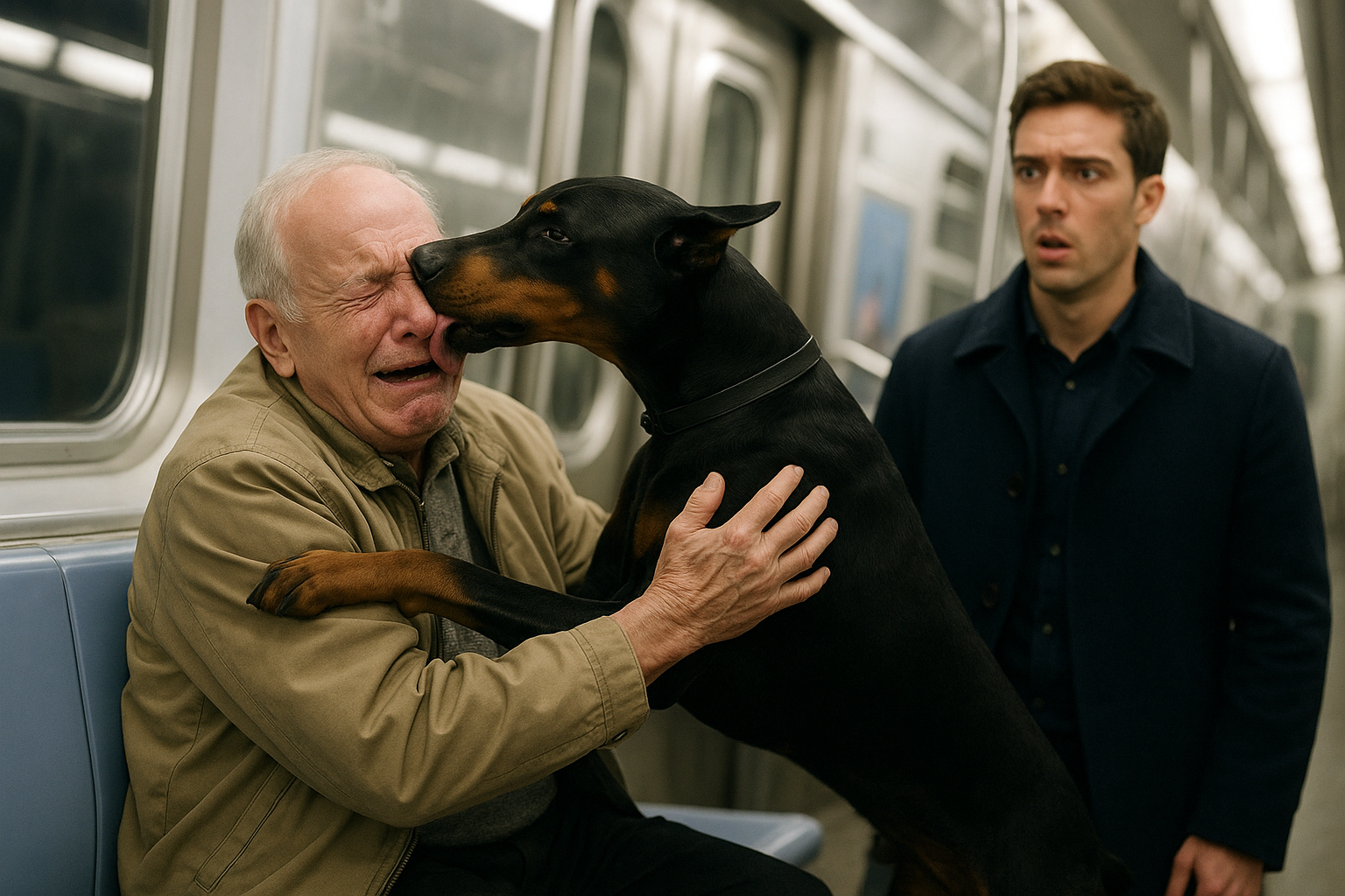 A black Doberman leaps onto an elderly man seated on a subway bench, licking his face while the old man embraces the dog with tears of joy streaming down his face, a young man in a dark blue coat watches in stunned disbelief, bright white fluorescent lighting, emotional and raw, cinematic composition with shallow depth of field