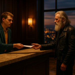 Cinematic realistic scene inside a luxurious lobby with dark wooden panels and a huge window overlooking glittering city lights at dusk. A twenty-year-old European man with short light-brown hair, yellow collared shirt and dark turquoise jacket stands behind a marble reception desk, handing a paper to a sixty-year-old man with silver hair, long silver beard, black leather jacket with patches, black jeans and black boots. Warm golden light, shallow depth of field, elegant atmosphere.