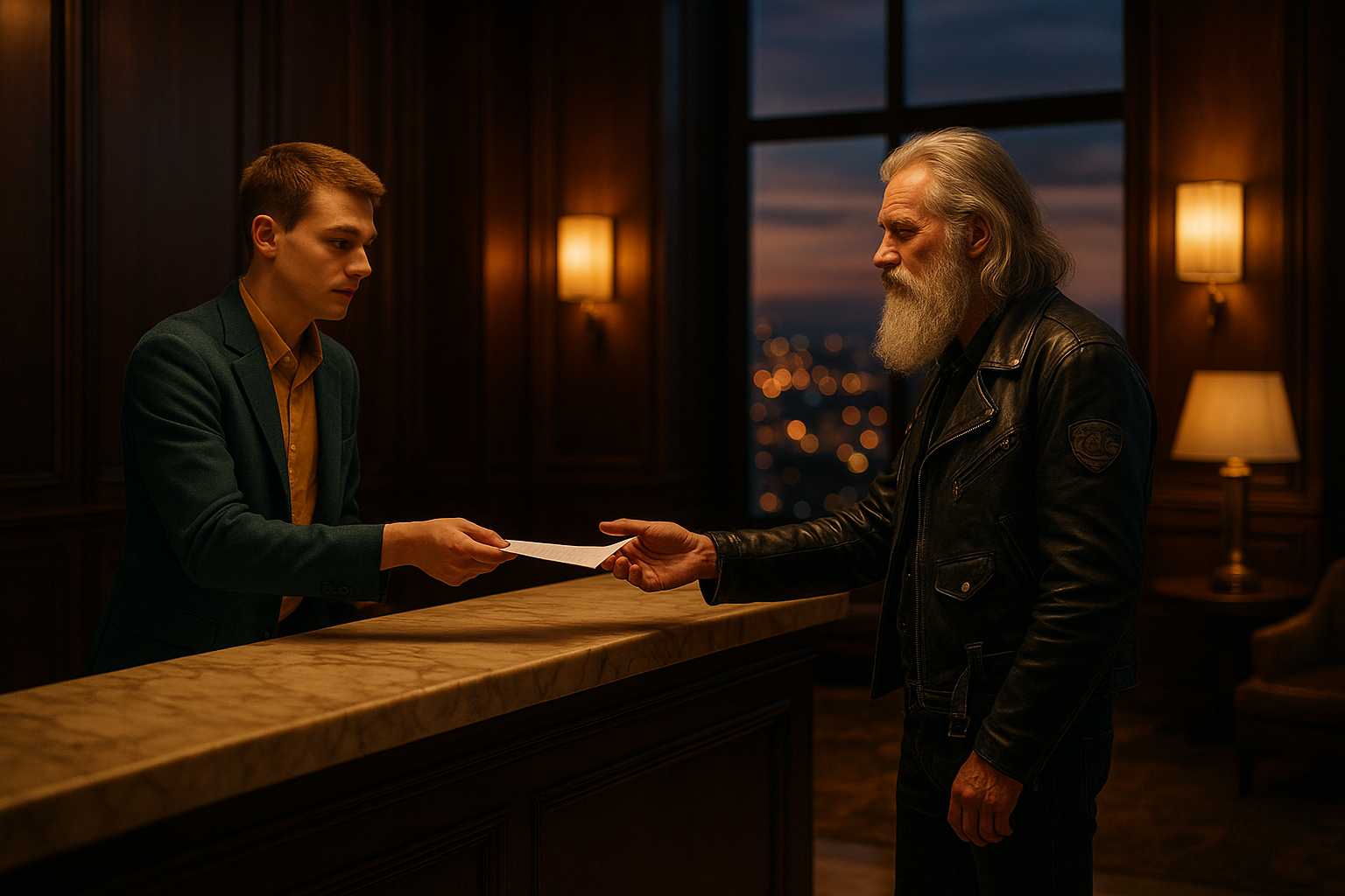 Cinematic realistic scene inside a luxurious lobby with dark wooden panels and a huge window overlooking glittering city lights at dusk. A twenty-year-old European man with short light-brown hair, yellow collared shirt and dark turquoise jacket stands behind a marble reception desk, handing a paper to a sixty-year-old man with silver hair, long silver beard, black leather jacket with patches, black jeans and black boots. Warm golden light, shallow depth of field, elegant atmosphere.