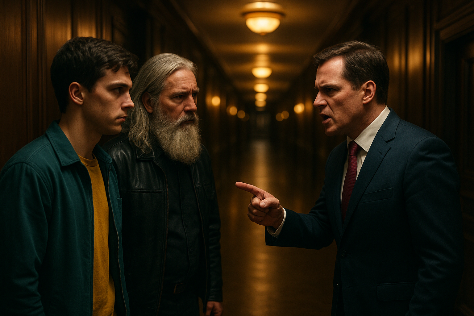 Cinematic realistic long corridor with high dark wooden panels and elegant ceiling lights casting soft warm light. A twenty-year-old man in a yellow shirt and dark turquoise jacket stands next to a sixty-year-old man with silver hair and long silver beard in a black leather jacket. A forty-five-year-old man in a dark blue suit, white shirt and red tie stands opposite them, angry and stern, gesturing. Tension in the air, dramatic composition, shallow depth of field.