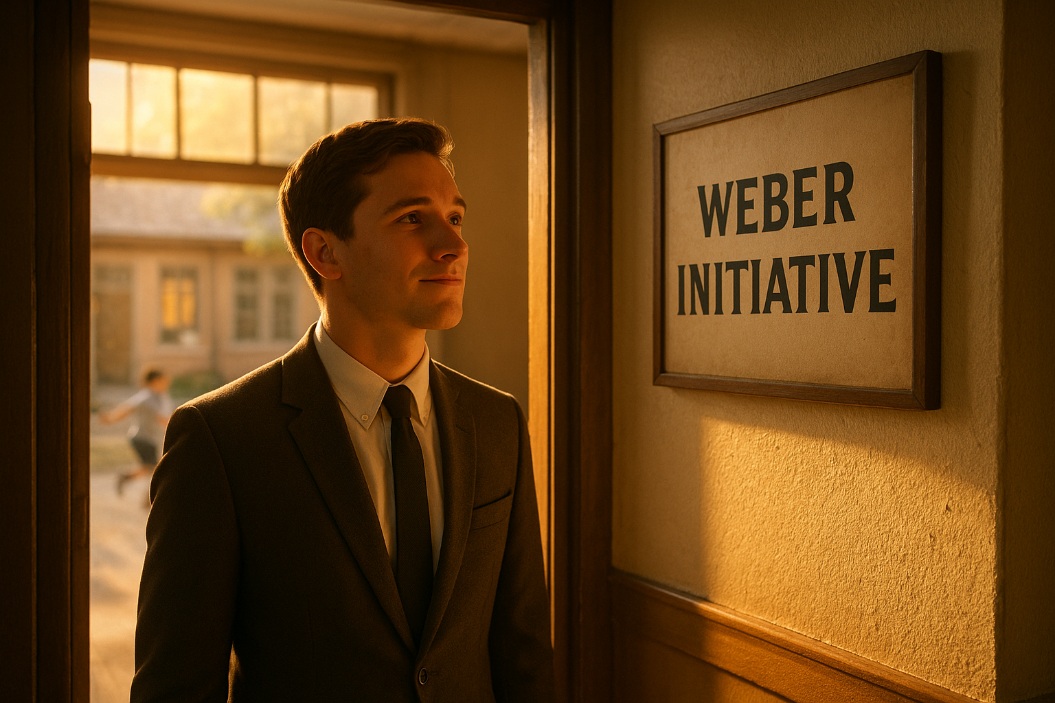 A young man in a simple suit standing in the doorway of a modest office, looking at a sign that reads 'Weber Initiative'. Sunlight streams through the windows, casting warm golden light on his face. He looks hopeful and determined. In the background, children play in a courtyard. Soft, warm colors, emotional, cinematic, sense of new beginnings.