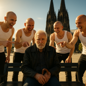 Eine sonnige Szene auf dem Roncalliplatz in Köln. Ein älterer Mann mit grauem Haar und Bart, in schwarzer Lederjacke, sitzt auf einer schwarzen Parkbank. Vier junge, kahlrasierte Männer in weißen Unterhemden und schwarzen Jeans umringen ihn, lachen höhnisch und zeigen mit Fingern auf ihn. Einer hält einen hölzernen Gehstock. Der Kölner Dom erhebt sich im Hintergrund. Die Stimmung ist angespannt, das Licht grell, die Farben kontrastreich – Schwarz, Weiß und das Gold der Sonne.