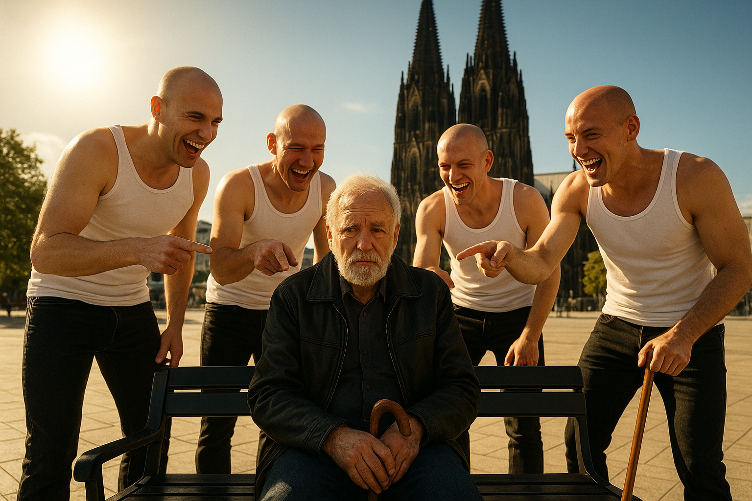 Eine sonnige Szene auf dem Roncalliplatz in Köln. Ein älterer Mann mit grauem Haar und Bart, in schwarzer Lederjacke, sitzt auf einer schwarzen Parkbank. Vier junge, kahlrasierte Männer in weißen Unterhemden und schwarzen Jeans umringen ihn, lachen höhnisch und zeigen mit Fingern auf ihn. Einer hält einen hölzernen Gehstock. Der Kölner Dom erhebt sich im Hintergrund. Die Stimmung ist angespannt, das Licht grell, die Farben kontrastreich – Schwarz, Weiß und das Gold der Sonne.