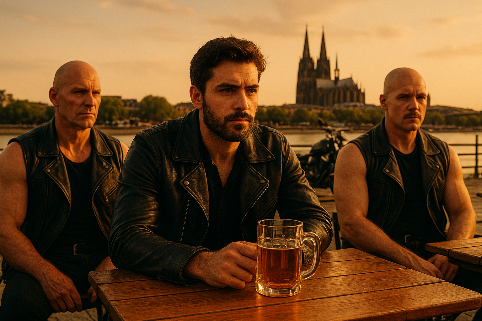 Die Terrasse eines Cafés am Rheinufer in Köln. Ein Mann mit dunklem Haar und Bart, in schwarzer Lederjacke, sitzt an einem Holztisch mit einem Krug Whiskey. Zwei kahlrasierte Männer in schwarzen Lederwesten sitzen neben ihm. Im Hintergrund geparkte schwarze Motorräder und die Spitzen des Kölner Doms. Die Stimmung ist entschlossen, das Licht warm, die Farben dominieren Schwarz und Bernstein.