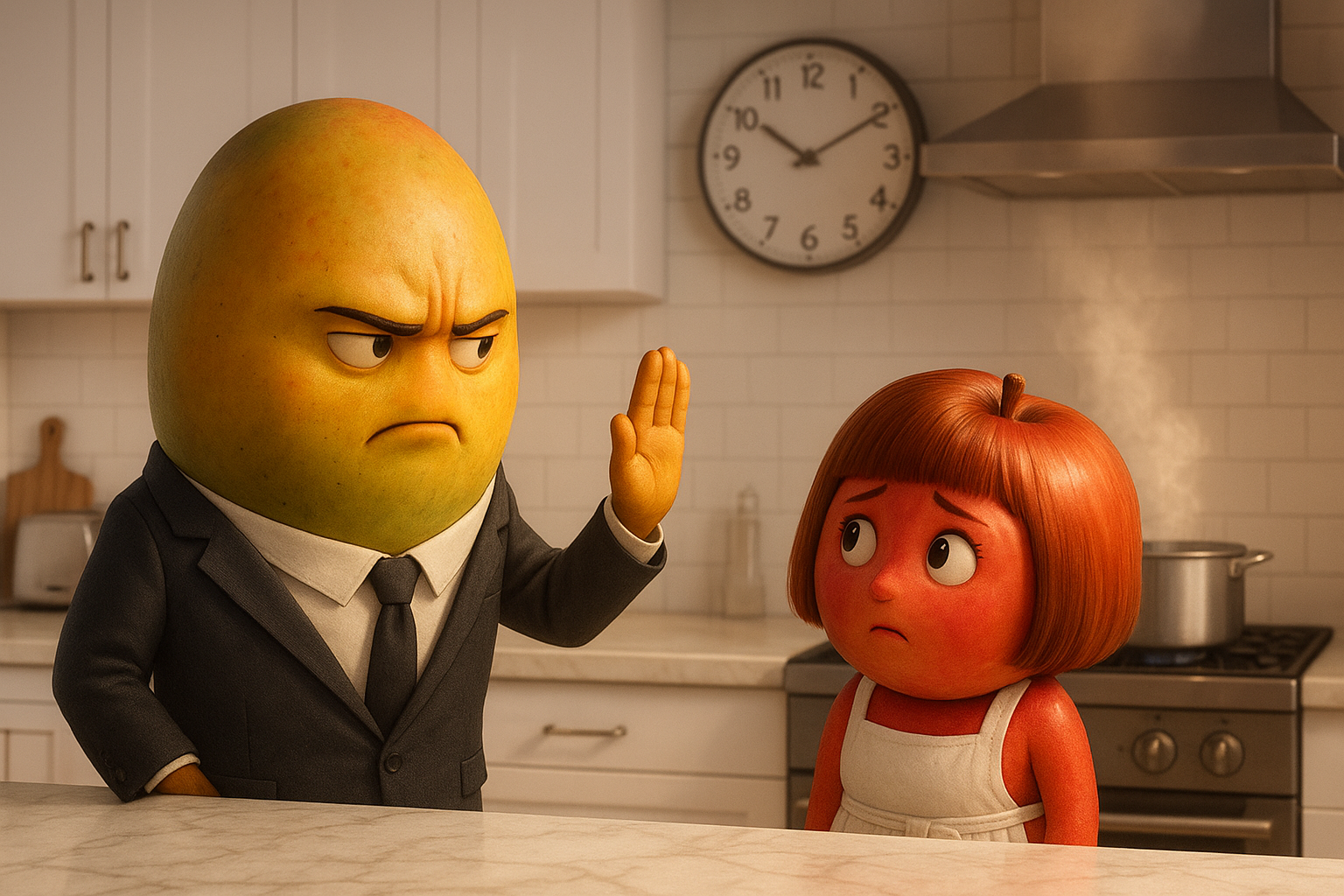 In einer modernen, hellen Küche mit weißen Schränken und Marmorarbeitsplatte steht Karl, eine anthropomorphe Mango im dunkelgrauen Anzug, mit gerunzelter Stirn und erhobener Hand über der Arbeitsfläche. Luise, ein roter Apfel mit kupferrotem Bob und weißem Schürzchen, schaut besorgt zu ihm auf, während auf dem Herd ein dampfender Topf köchelt. Warmes Licht, angespannte Atmosphäre, realistische Illustration, sanfte Farben, detaillierte Küchengeräte, große Wanduhr im Hintergrund.