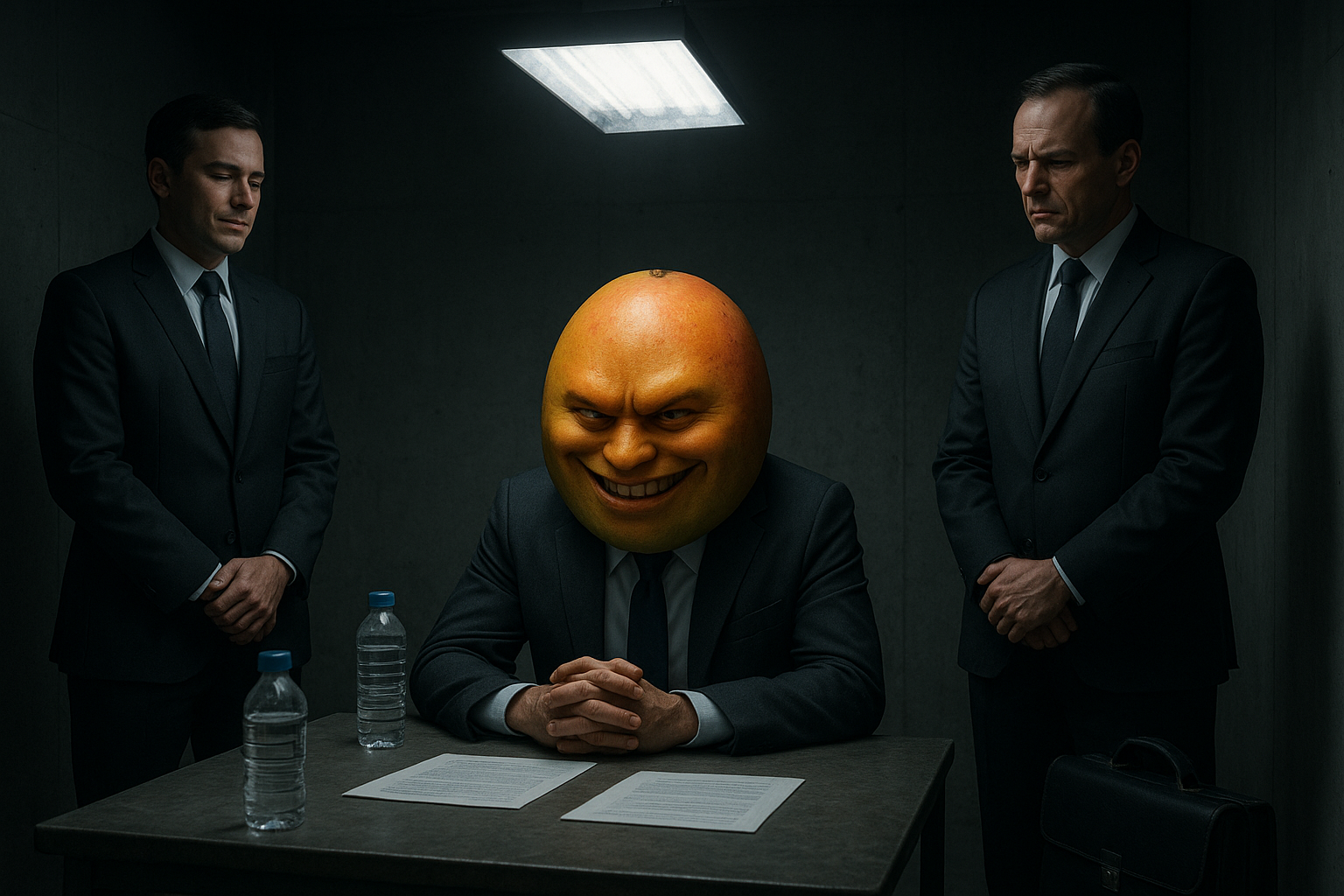 In einem kahlen Nebenraum hinter einer Bühne sitzt Karl, eine anthropomorphe Mango im dunkelgrauen Anzug, an einem einfachen Tisch und lacht kalt, während zwei Männer in dunklen Anzügen ihm zunicken. Auf dem Tisch liegen Papiere und Wasserflaschen. Harte Deckenleuchte, zynische Atmosphäre, realistische Illustration, kühle Farben, angespannte Gesichtsausdrücke, Aktentasche neben dem Stuhl.