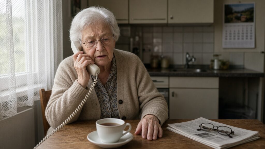 82-jährige Frau am Festnetztelefon in der Küche, besorgt, Erfurter Wohnung am Mittag
